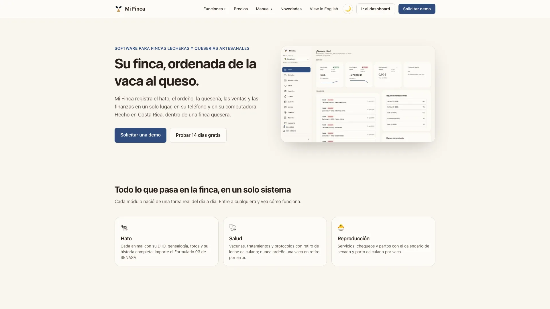 Screenshot of the Mi Finca website, software for dairy farms and cheesemakers - built using  Next.js, TypeScript, NestJS, GraphQL, PostgreSQL
